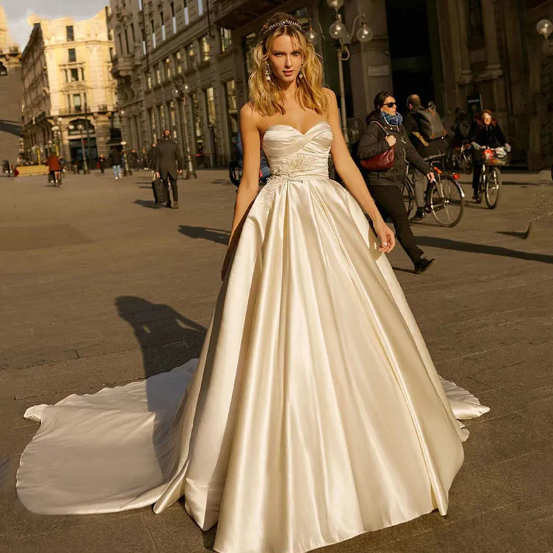 

Princess Wedding Dress Taffeta With Feather Lace Sweetheart Boho Bride Dress Detachable Train Vestidos De Novia Brautkleid