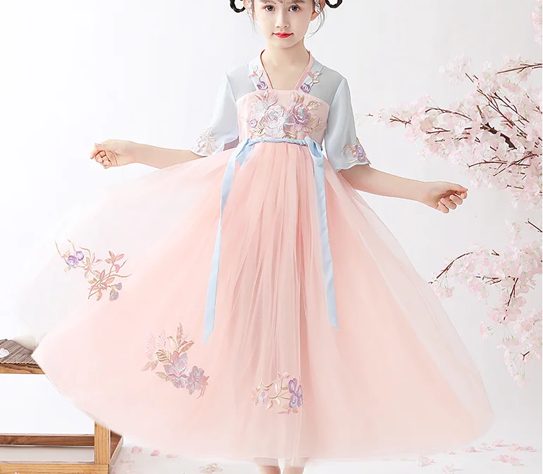 Hanfu/изысканное платье для девочек; костюм с короткими рукавами в китайском стиле; детская Одежда для танцев; Рождественский подарок; ZL11