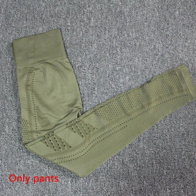 Army green pants Безупречный вязаный бесшовный комплект для йоги Женская одежда для фитнеса спортивная одежда короткий топ с длинными рукавами+ спортивные сетчатые леггинсы 2 шт. спортивные костюмы - Цвет: Army green pants