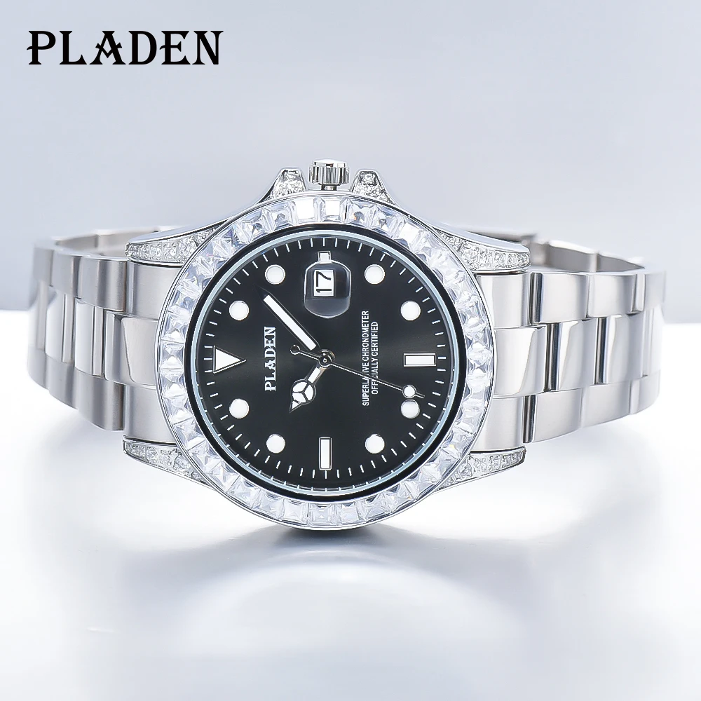 PLADEN Silver diamond Bezel Watches Luxury Sapphire Glass Automatic Date Watch Vintage Stainless Steel Quartz Clock Dropshipping 2023 fashion touch screen led sport brand watch new design 3d glass men gold wrist digital watches man clock casual wristwatch