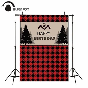 

Allenjoy Happy Birthday Backdrop Lumberjack Buffalo Plaid Tree Background Event Supplies Christmas Party Wall Photozone Decor