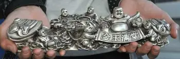 

11" Old China silver 5 boy Wealth Maitreya Buddha Pine Lucky statue Ruyi Wishful