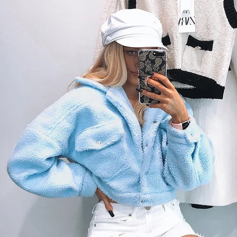 

2020 New Fashion Lamb Wool Autumn Winter Coat Female Warm Shaggy Wool Cut Out Jackets Coat Single Breasted Outwear