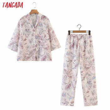 

Tangada women's sets floral print home pants suit 2 piece set female elegant loose shirt strethy waist pants Sets 8H34