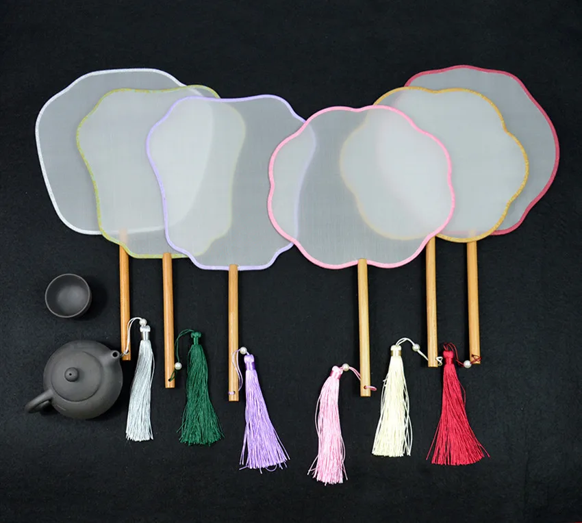 Vintage Round White Chinese Fan Diy Natural Silk Hand Fan Long Beech