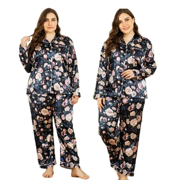 

2 Pieces Summer Flower Printed Women Sleepwear Faux Silk Satin Pajamas Set Long Sleeve Pajamas Suit Female Pijamas Leisure Wear