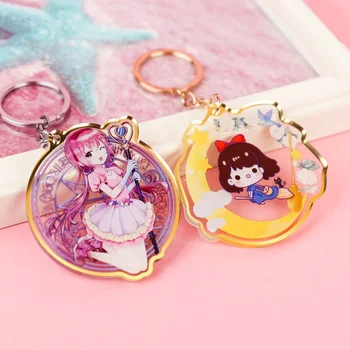 

logo custom cartoon anime acrylic Gold Plated keychain transparent plastic epoxy gold key ring
