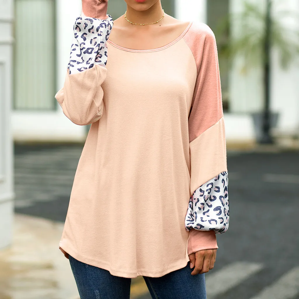 2019 ladies leopard solid color stitching long-sleeved shirt sweater 
