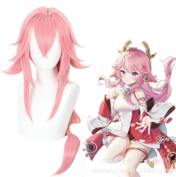 

Cosplay Anime 80cm Genshin Impact Yae Wig Yae Guuji Pink Long Straight Wig with Bangs Movies Hair Halloween Party Role Play