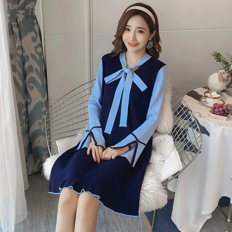

Maternity Bow Collar Long Flare Sleeve Lactation Dress Offie Lady Elegant Breastfeeding Dress Postpartum Women Lactation Dress