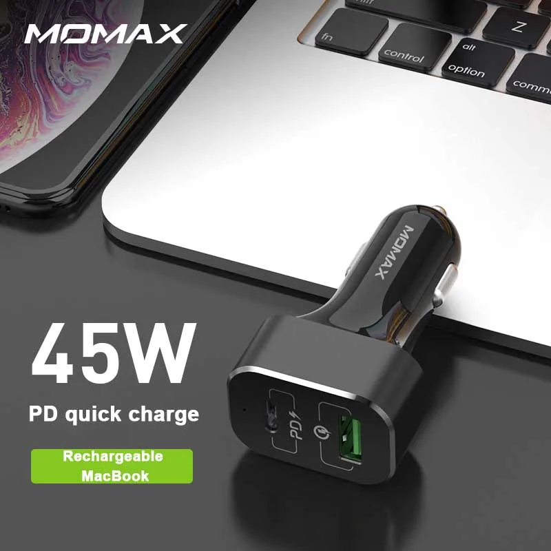 Momax PD UC11D QC3.0 автомобильное зарядное устройство 63 Вт Мощность один буксир два 45 Вт ios PD Быстрая зарядка карта застежка прочно поддерживает модели 12-24 В