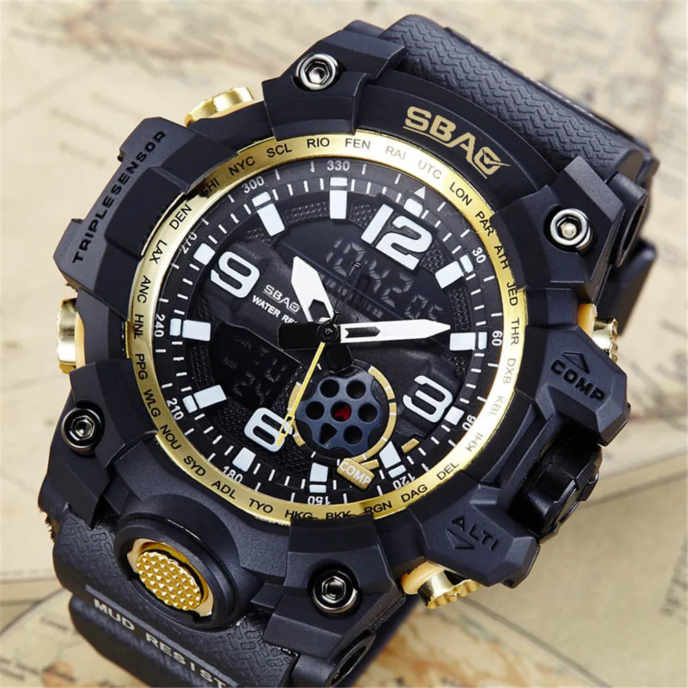 Модные спортивные цифровые часы SBAO часы светодиодный мужские водонепроницаемые спортивные часы ударные цифровые электронные часы для мужчин