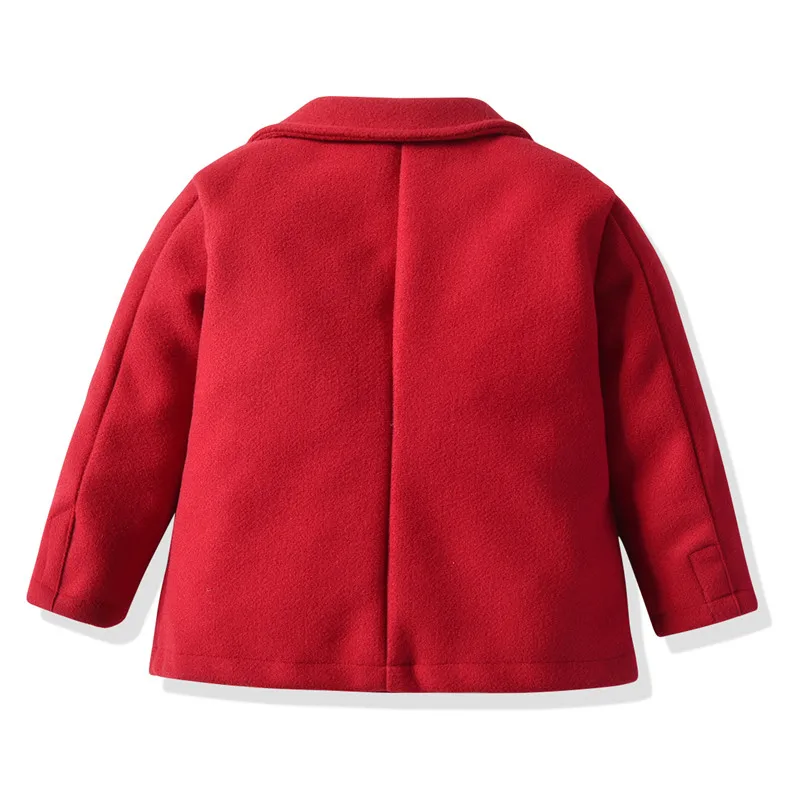 Baby Boy Gentleman Fall Winter Warm Woolen Coat Outfit V Neck Solid Red Color Long Sleeve Button Top Jacket Outwear with Pocket