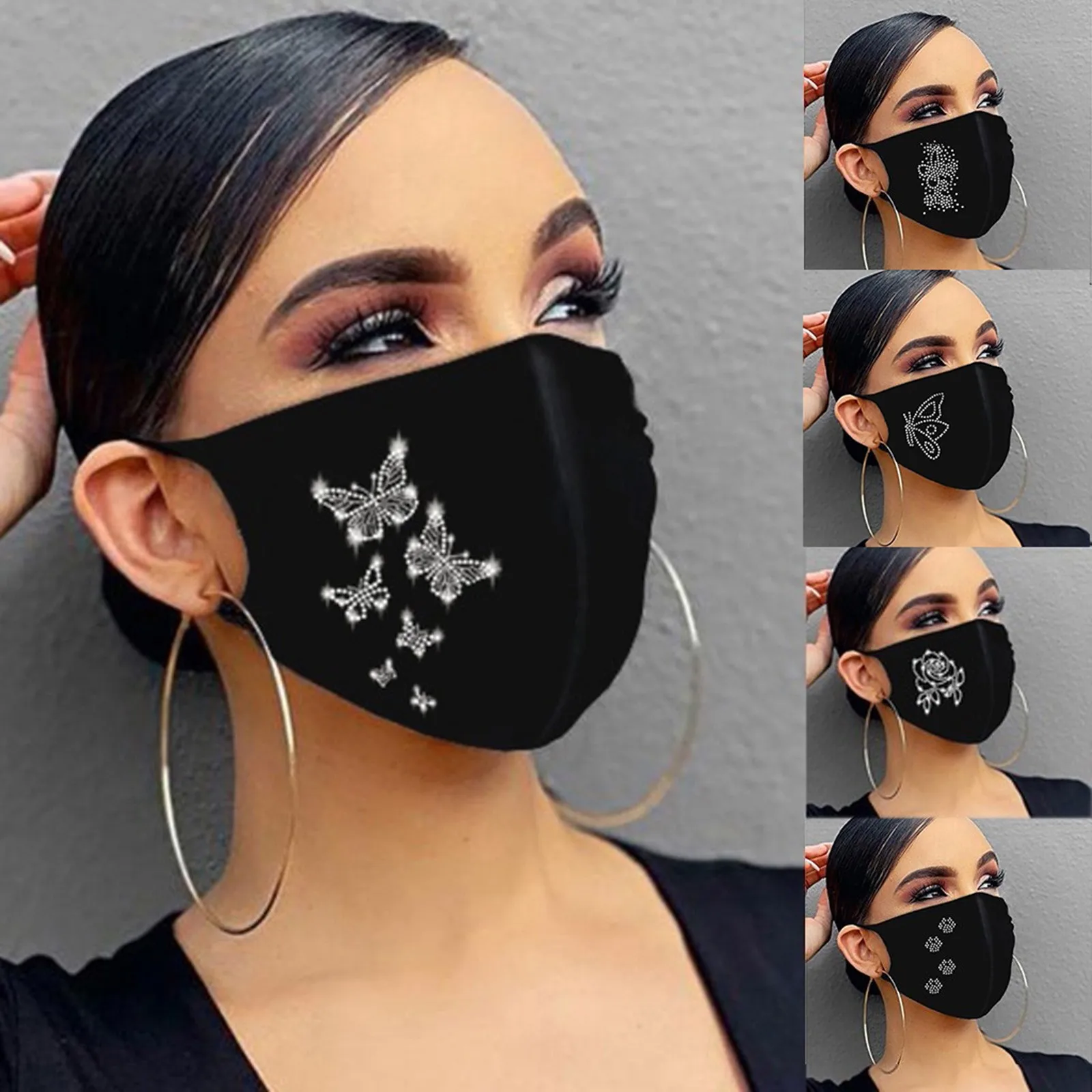 

Christmas Halloween Black Face Mask Reusable Маски Rhinestone Letter Ice Silk Cotton Mask Adult Washable Mask Cosplay Facemask