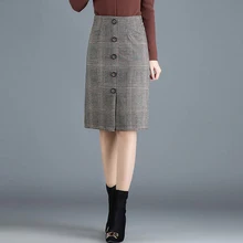 Осенне-зимняя шерстяная клетчатая юбка, модная женская однобортная юбка с высокой талией, Юбки До Колена, женские повседневные юбки рыбий хвост