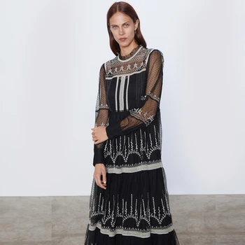 

2019 ZA Fashion Women Embroidered Mesh Dress Long Sleeve Transparent Lace Autumn Winter Multi-layer Black Slim Sweet Temperament