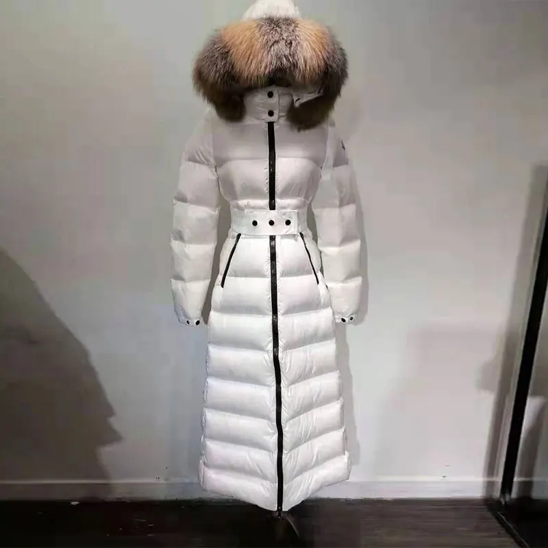 White 95% Качественные куртки на утином пуху, Женская парка, зимнее пальто, теплый воротник из натурального Лисьего меха с поясом, пуховики, тонкое пальто для женщин, плотное - Цвет: White