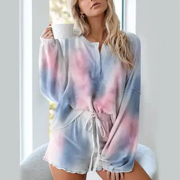 

2 piece Set Women Pajama Set Long Sleeve Drawstring Shorts Homewear Two piece Set Pijamas Women pijamas feminino pyjama femme