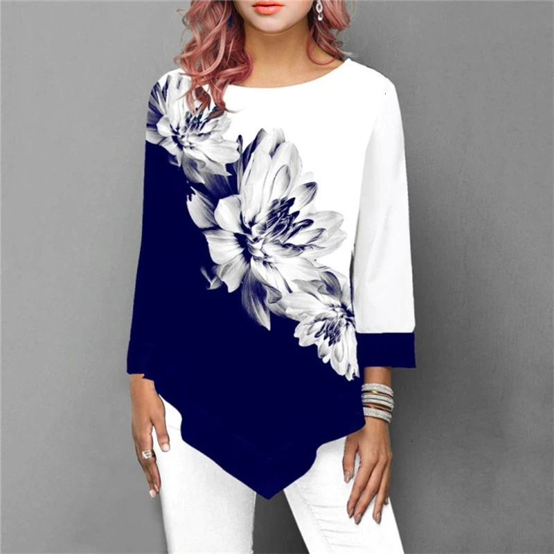 2020 New Women Plus Size Shirt Spring Autumn Printing O-neck Blouse 3/4 Sleeve Casual Hem Irregularity Female Fashion Shirt Tops - 4.00046E+12