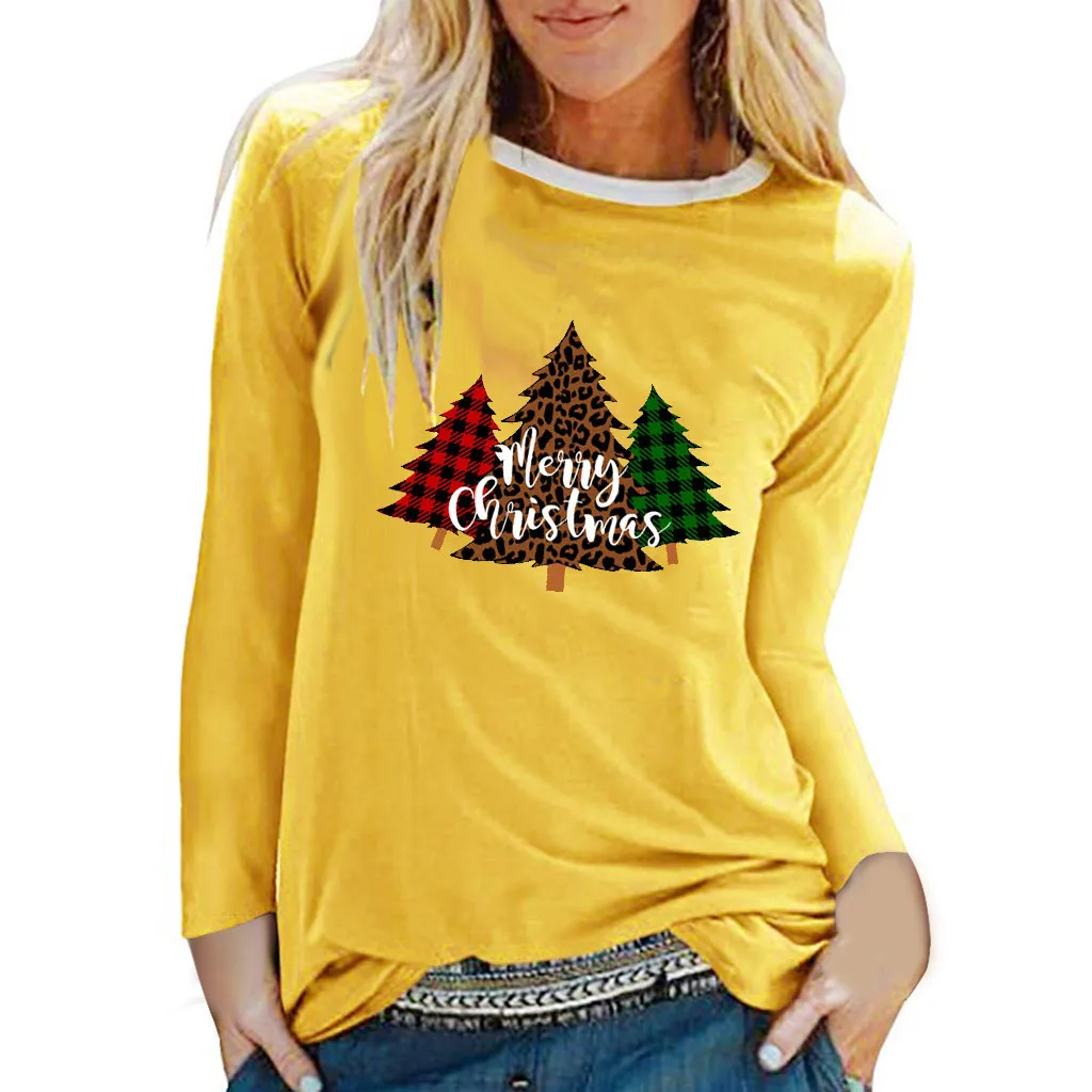 Женские футболки с принтом рождественской елки, топы, однотонный пуловер с принтом, топы, Рождественская одежда, повседневная футболка, топы, женские новые