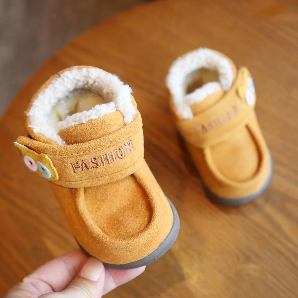 Детская зимняя теплая однотонная повседневная обувь для маленьких мальчиков и девочек с рисунком кота из мультфильма нескользящая Мягкая резиновая детская обувь на липучке