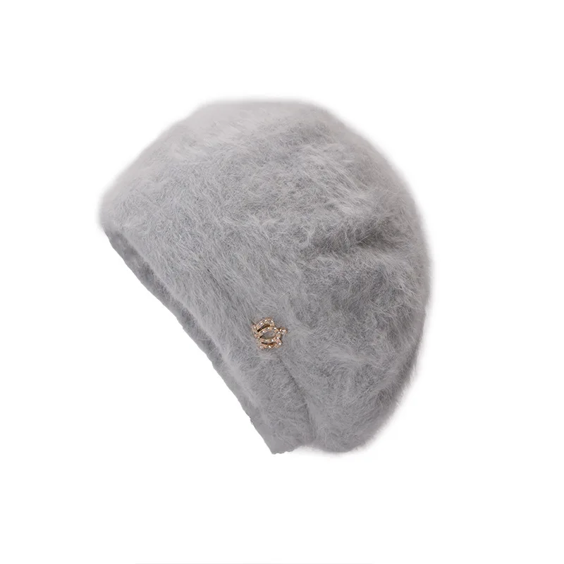 Women's Autumn And Winter Wool Warm Beanie Paint Cute Knitted Plus Velvet Cap Crown Acrylic Diamond Elegant Rabbit Fur Hat