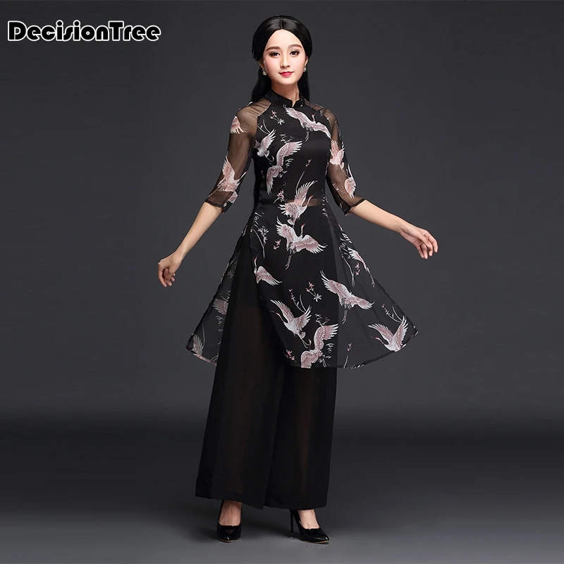 Черная женская шифоновая одежда с цветочным принтом ao dai вьетнамская одежда ao dai вьетнамские халаты и брюки вьетнамские костюмы Улучшенный чонсам
