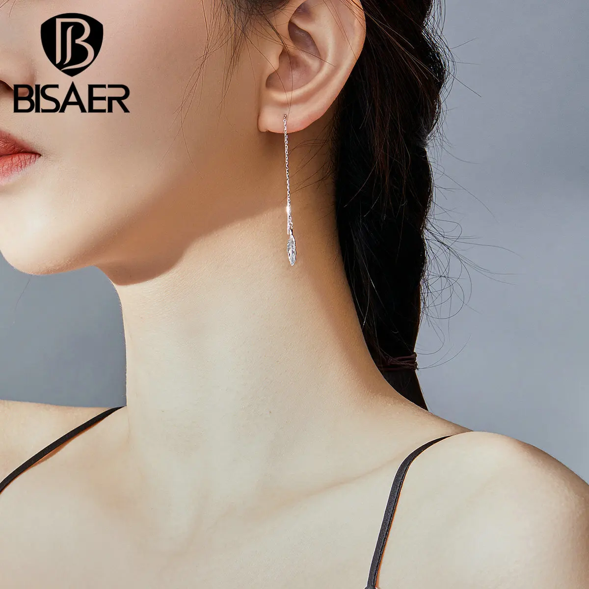 Серьги перья BISAER горячая Распродажа Длинная цепочка 925 пробы серебряные крылья ангела серьги в виде пера серьги женские ювелирные изделия ECE786