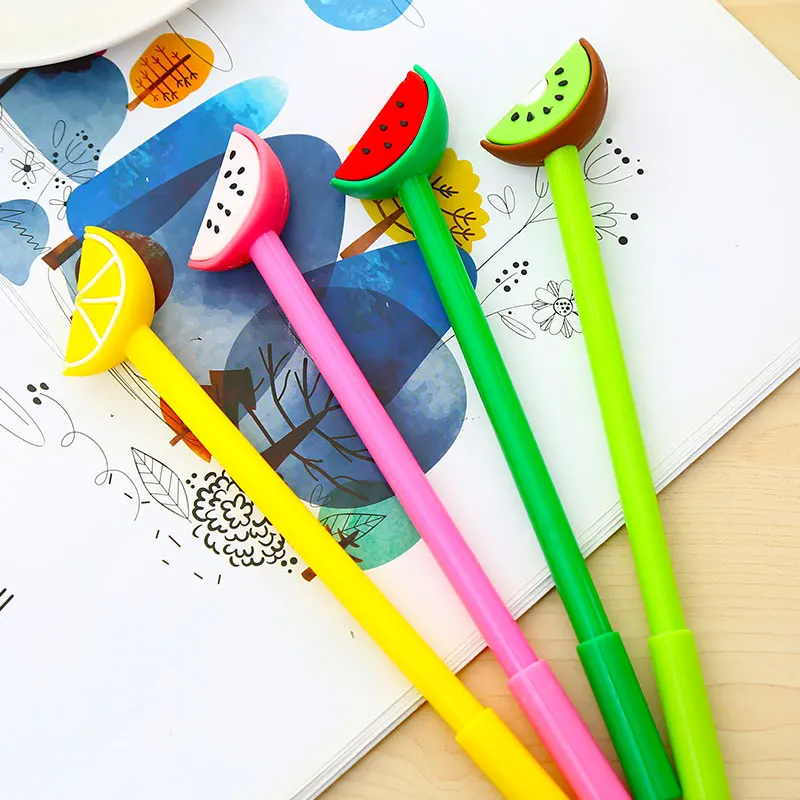 12Pcs/pack Creative Novelty Fancy Kiwi Fruit Gel Pens Blue Ink Kawai Stationery Watermelon Dragon Pencil Case Bag Stationary Bts