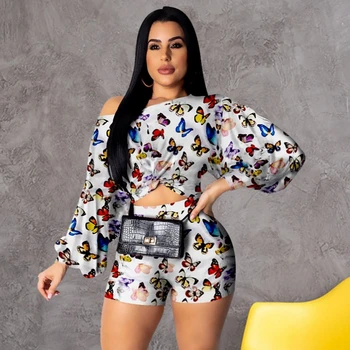 

Women's Set Tie Dye Butterfly Floral Print Off Shoulder T-shirt &Shorts Suit Beach Holiday Tracksuit Sporty Two Piece Set Outfit