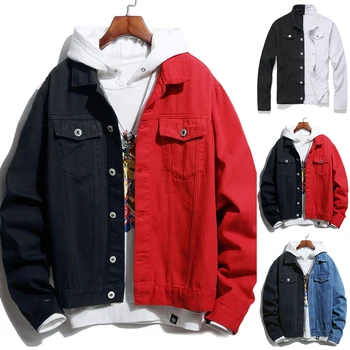 

Men Jackets Black White Two-tone Patchwork Slim Fit Jean Jacket Motorcycle Fashion Hip Hop Cotton Denim Jackets Coats Streetwear