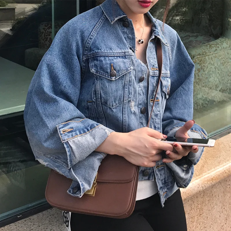

2019 Fall Jacket New Classic Heavy Washed Worn Worn Denim Jacket Single Breasted Turn-down Collar Coat and Jackets Women