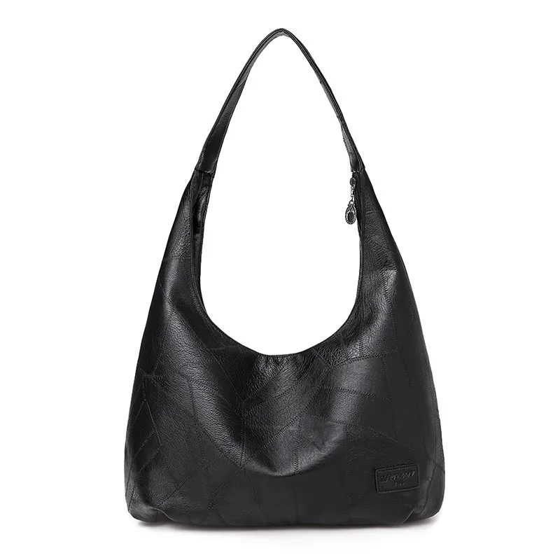Vintage Women Hobos Bag Large Female Shoulder Bags Casual Soft Patchwork PU Leather Big Ladies Bags High Quality Luxury Handbags - Цвет: BLACK