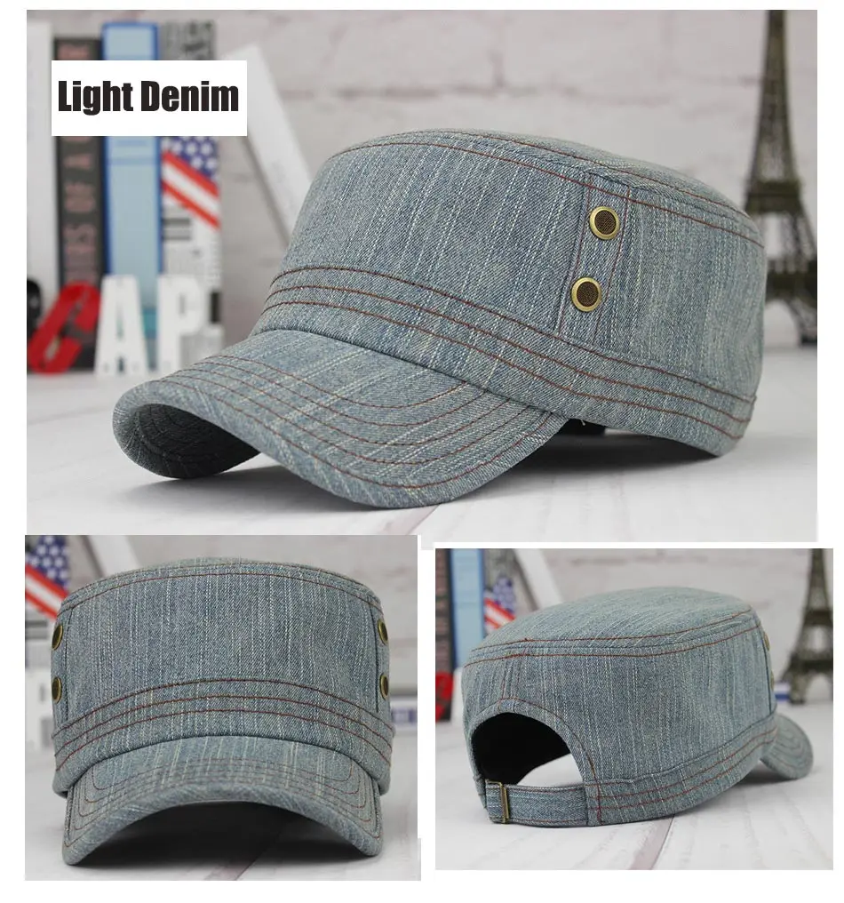 Light Denim Весенне-летняя хлопковая джинсовая однотонная Кепка в стиле милитари для отдыха, Кепка с плоским верхом, берет, бейсболка, ковбойская модная кепка в стиле милитари - Цвет: Light Denim