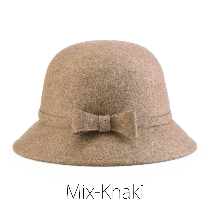 M-Khaki Женская фетровая шляпа из шерсти, Женская Зимняя шерстяная элегантная шляпа с бантиком, женские вечерние фетровые шляпы с полями в винтажном стиле - Цвет: M-Khaki