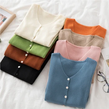 

SEDUTMO Autumn Short Cardigan Slim Sweater Women Knitted Sweater Thin V Neck Casual Long Sleeve Coat ED1226