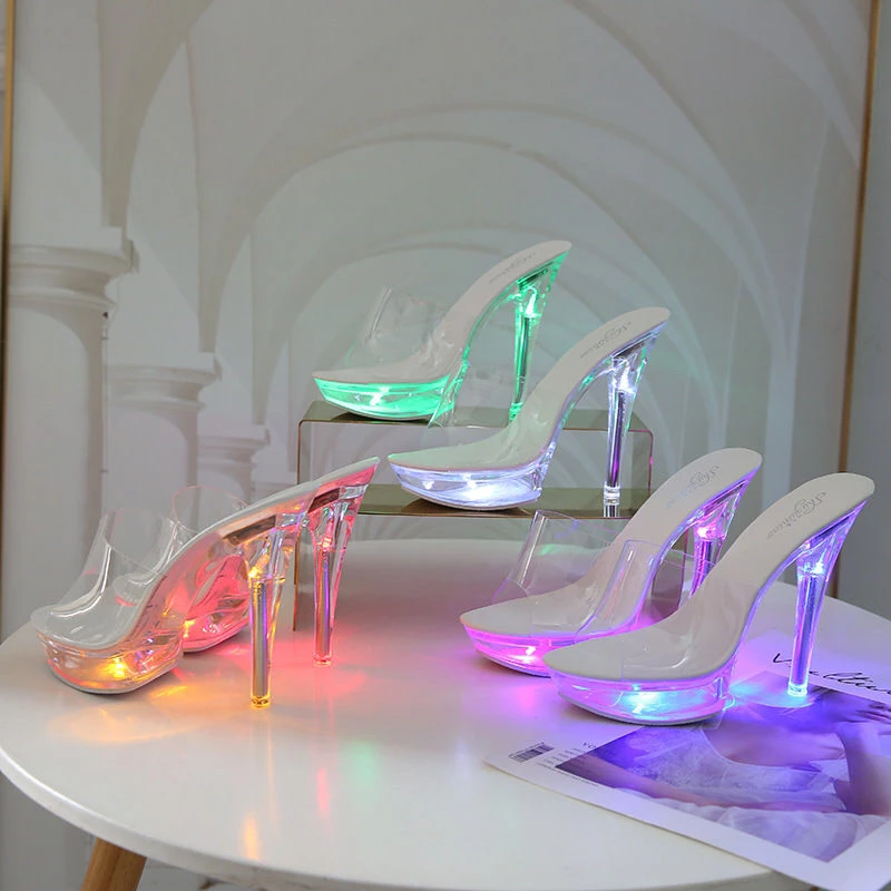 

2021 New Transparent LED Crystal Shoes 15cm Women's High Heel Slippers Girls' Walking Show Luminous Shoes Light