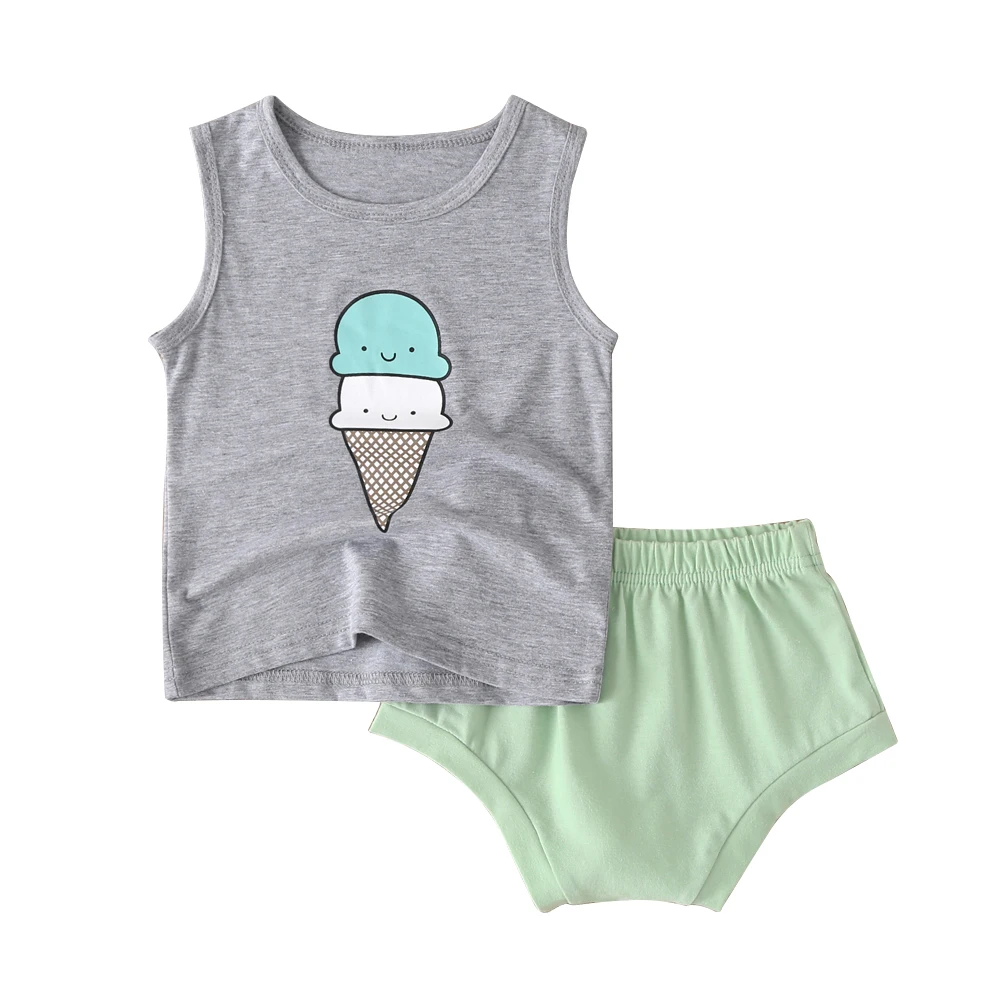 

AA Baby Boy Girl Clothes Set 2020 Summer Sleeveless Ice Cream Pattern T-Shirt Shorts Baby Clothing Set