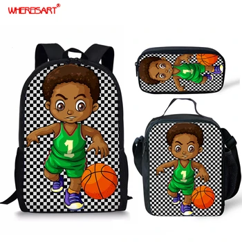 

WHEREISART 3pcs/Sets Children School Bags Set African Black Boys Kids Backpack Afro Soccer Art Student Elementary Schoolbags