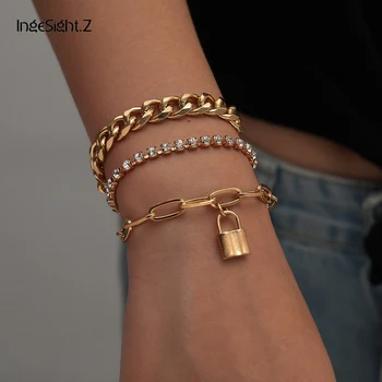 

IngeSight.Z 3Pcs/Set Luxury Shiny Rhinestone Padlock Pendant Bracelet Bangle Miami Curb Cuban Bracelets Wrap Wrist Chain Jewelry