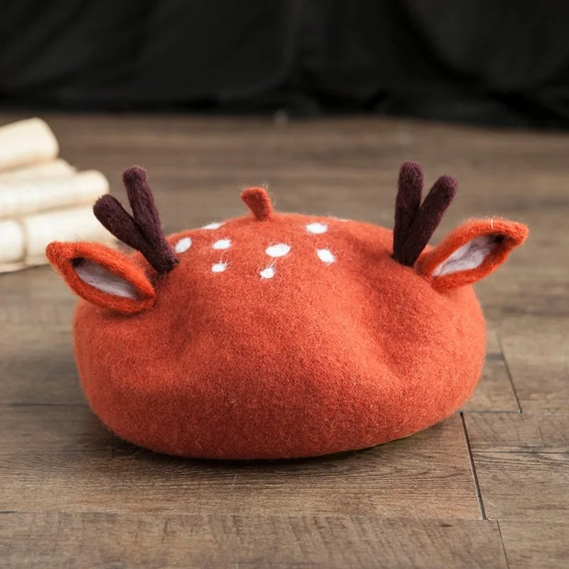 

MORI Series Handmade Wool Felt Autumn And Winter Literature And Art Fox Ear Antlers Christmas Beret Painter Cap