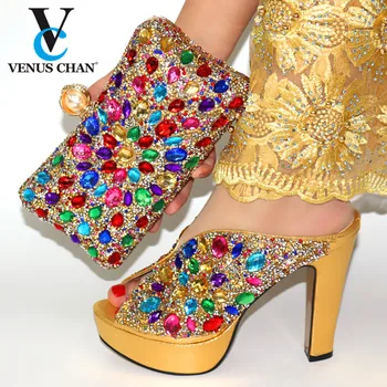 

Lates New Design Italian Women Shoes Matching Bag in Golden Color High Quality African Decorate with Rhinestone for Wedding