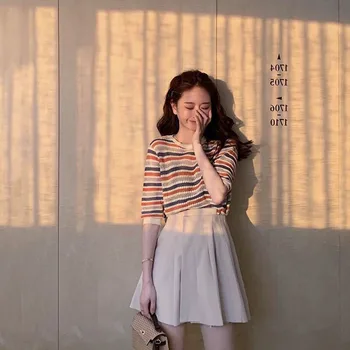 

2020 New Colorful Striped Top Women Summer Fashion Sweet Casual Rainbow Tee Slim Fit Round Collar T-shirts