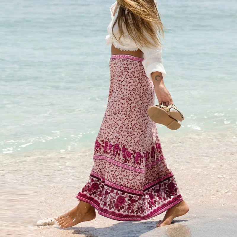 

TEELYNN boho skirt Elastic waist beach wear Long skirt 2019 floral print Button in the middle sexy summer skirts Women skirt