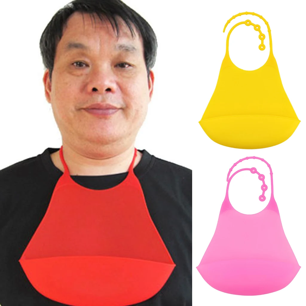 Adult Silicone Bib Clothing Protector Waterproof +Crumb Catcher Pink +Yellow