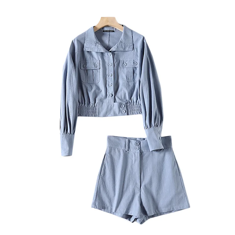 

A Generation of Haze Blue Workwear Coat + High-waisted Slimming A- line Shorts Set Entity