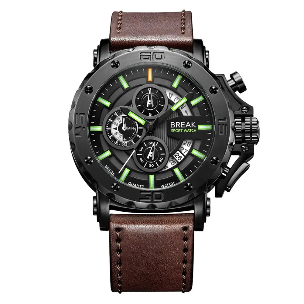 HobbyLane BREAK 5689 Men Fashion Wristwatch Leather Strap Casual Chronograph Luminous Calendar Sport Watch