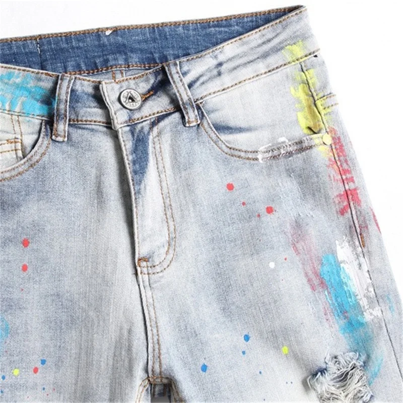 Splash-ink Brush Paint Jeans Rainbow Ripped Trim Soft Cotton Stretch Season Light Blue Cat Whisker Label High Street Fashion New