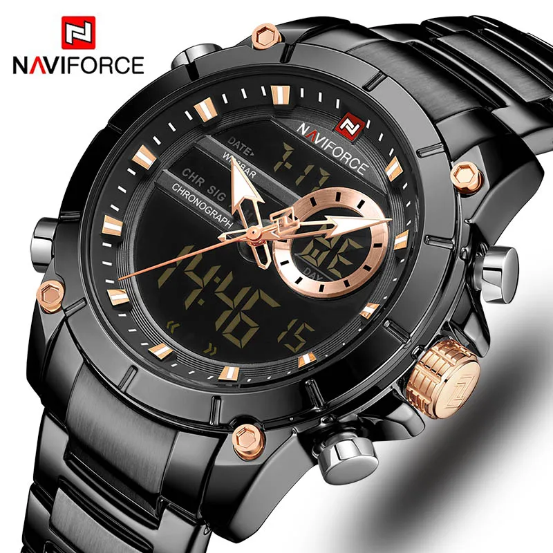 Naviforce Мужские часы с синим циферблатом, аналоговые цифровые мужские часы со светящимся циферблатом, мужские наручные часы, спортивные часы для мужчин, деловые часы - Цвет: Black Black