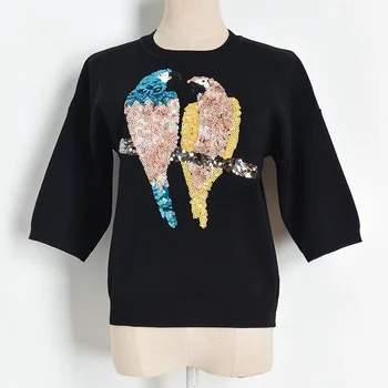 

Summer New Sequins Parrot round Neck Loose Short-Sleeved Sweater Blouse Knit T-Shirt